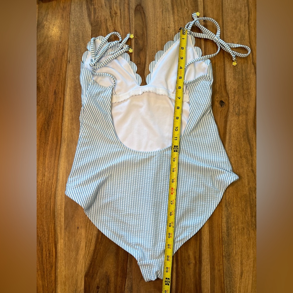 Jessica Simpson Under The Sea Scalloped Edge Stripped Halter One-Piece Swimsuit - Picture 13 of 15